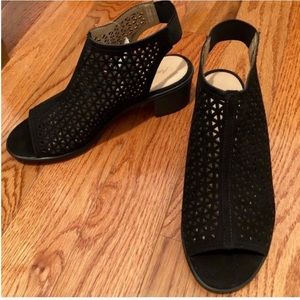 Peep toe geometric sling back bootie with heel